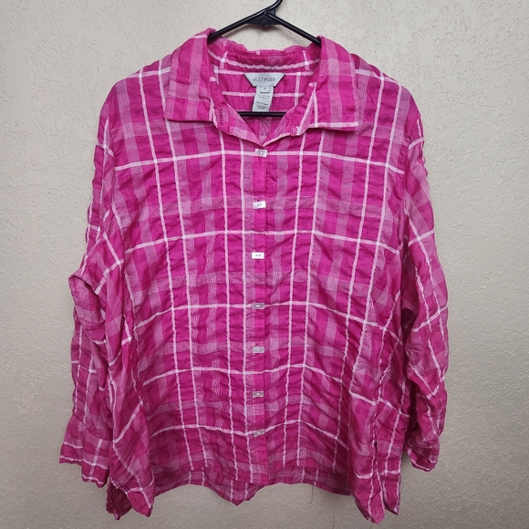 Multiples Tops - MULTIPLES Pink and White Plaid Button Down Shirt XL (5249)